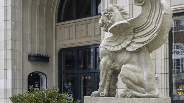 A Griffin guards at the entrance to the Grove Arcade in Asheville, North Carolina