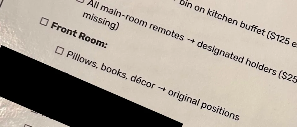 Close-up of a checklist listing household items to organize in the Front Room and Great Room, including remotes, pillows, and décor