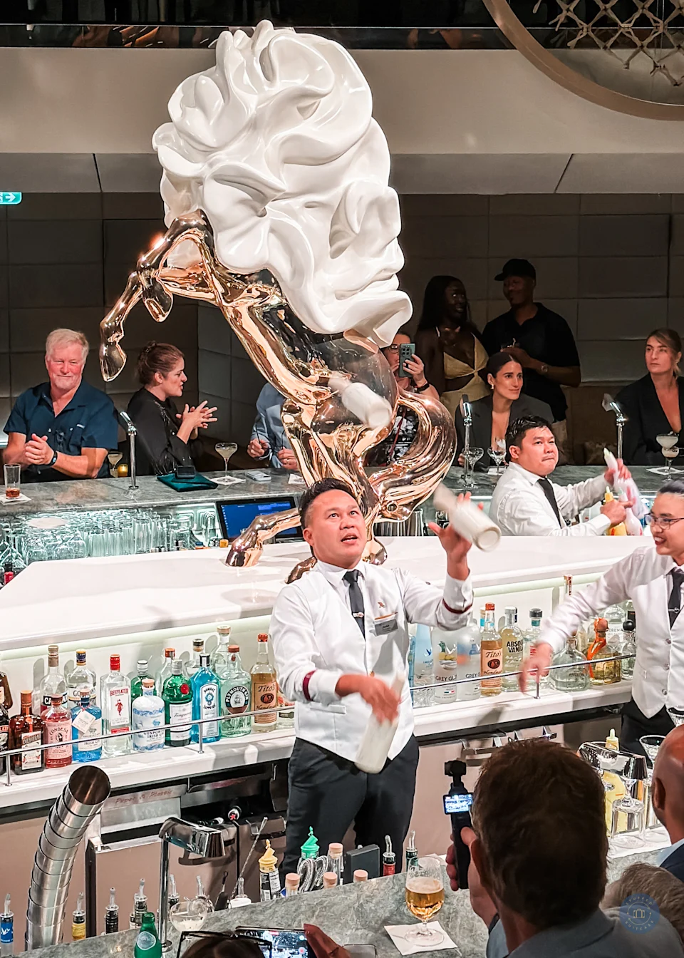 bartender tossing bottles for show on celebrity xcel