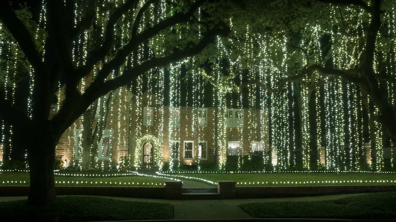 Large house with curtains of Christmas lights hanging from trees in Houston Texas