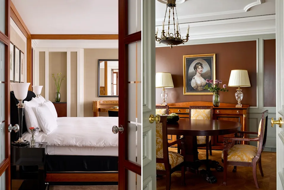 Elegantly designed hotel bedroom and dining area.