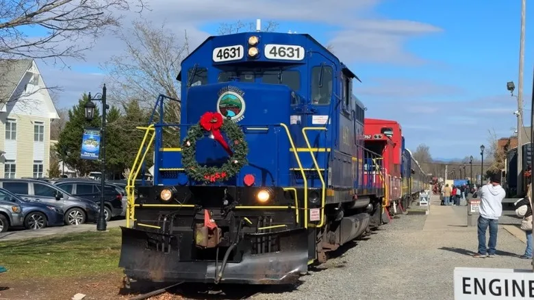 The Blue Ridge Scenic Railway train decorated for Christmas with a wreath