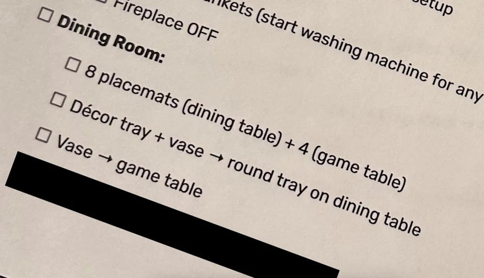 Checklist for dining room includes: set 8 placemats, arrange décor trays and vases, and return all game pieces to their original spots
