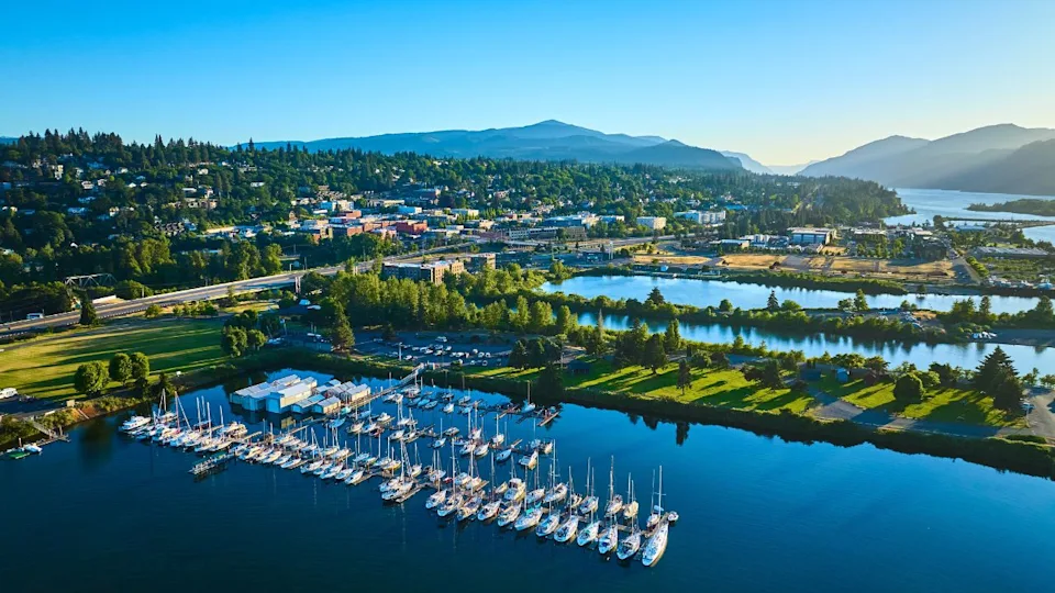 Aerial View of Hood River Marina at Sunrise
