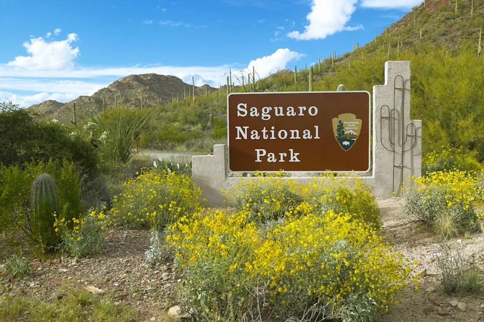VisionsofAmerica / Joe Sohm / Getty Images Saguaro National Park entrance sign.