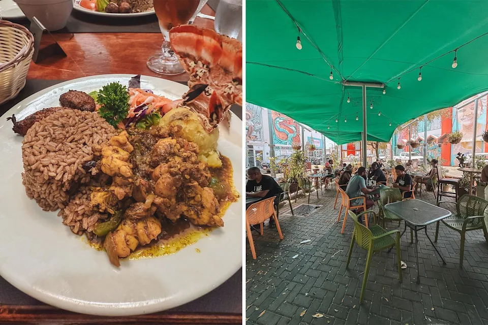 Danielle Robles/Travel + Leisure Lobster curry and outdoor seating at O'Niel Caribbean Kitchen.