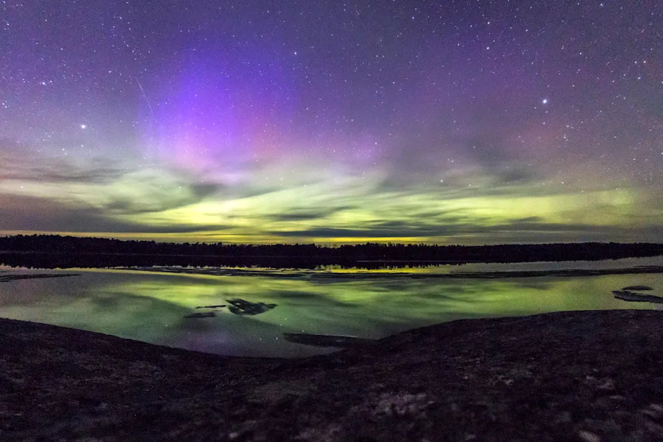 The Northern Lights over the waters of Voyageurs National Park in Minnesota, near the Ash River Visitor Center.