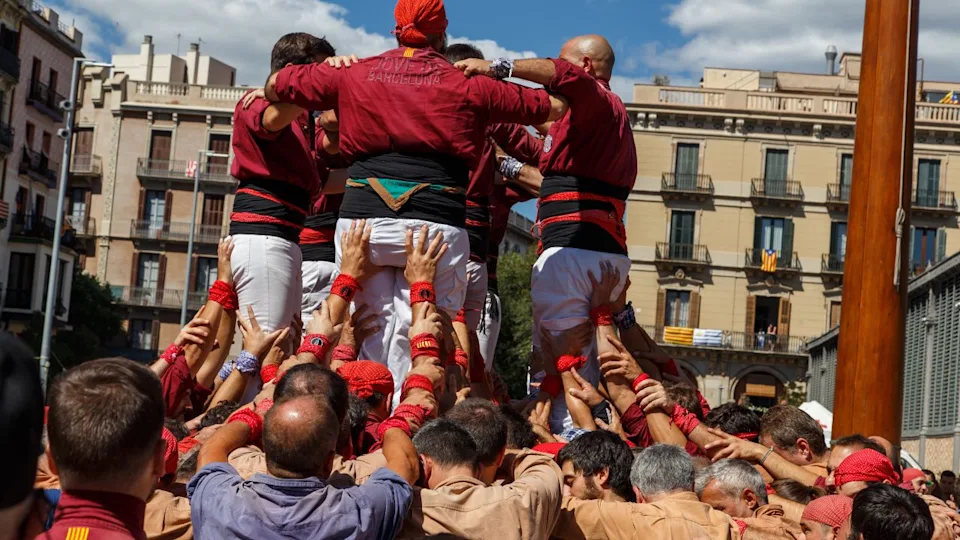 Barcelona, Catalonia, Spain, September 11, 2017: Castellers during rally support for independence of Catalunya during the national day. Castellers it's a tradition from Catalonia.