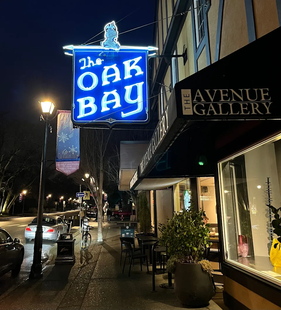 shot of the small shops, art galleries, and the oak bay in oak bay village in victoria canada