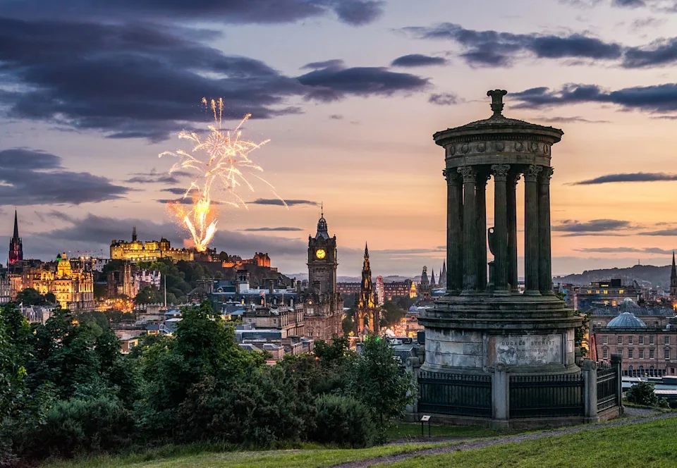 edinburgh fireworks at dusk from calton hill