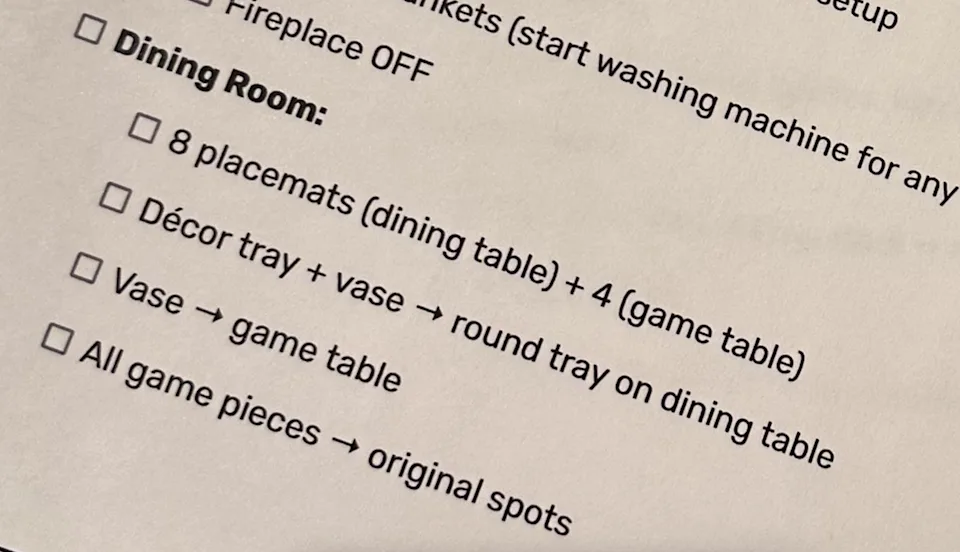 Checklist for Dining Room: 8 placemats, decor tray and vase setup, use round tray on dining table, and return all game pieces to original spots