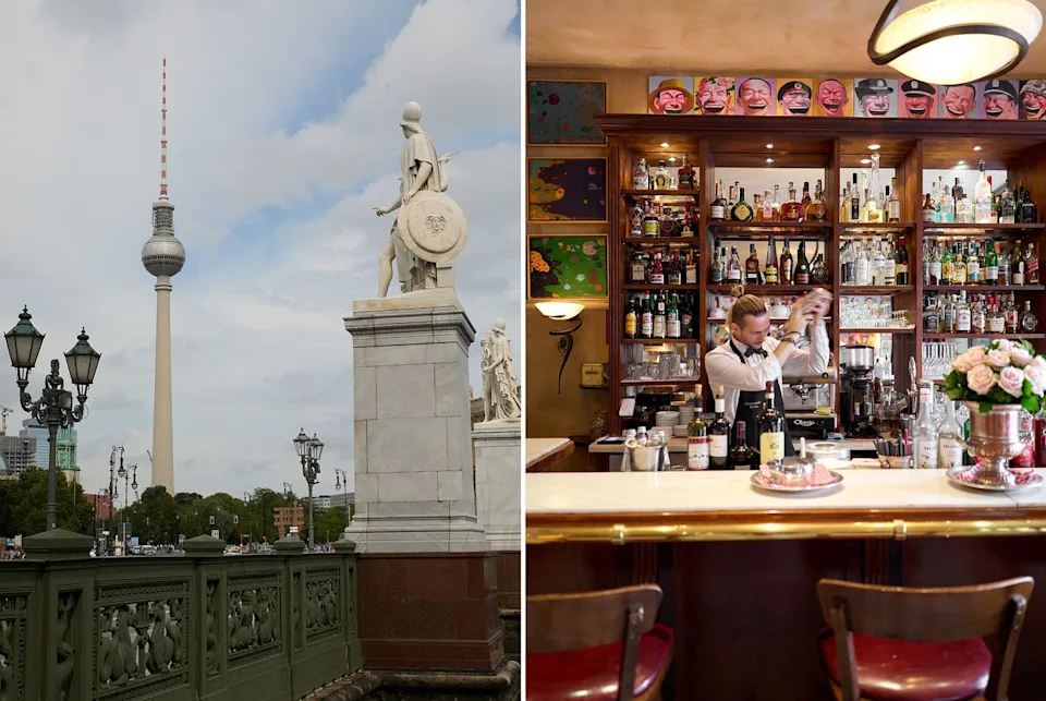 A cityscape featuring a landmark tower next to a lively bar scene.