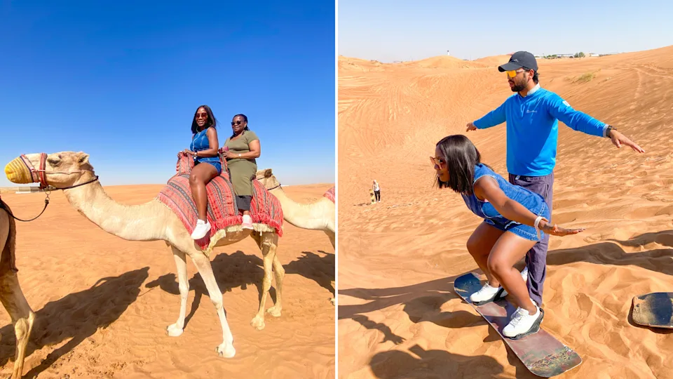 I rode a camel and learned how to sandboard in the Dubai desert while wearing a denim romper, sunglasses, and white sneakers.