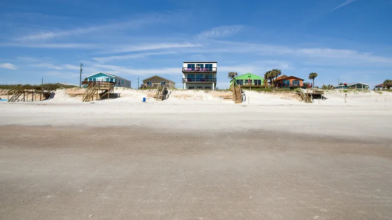 Deserted Vilano Beach with colorful beach cottages overlooking the ocean