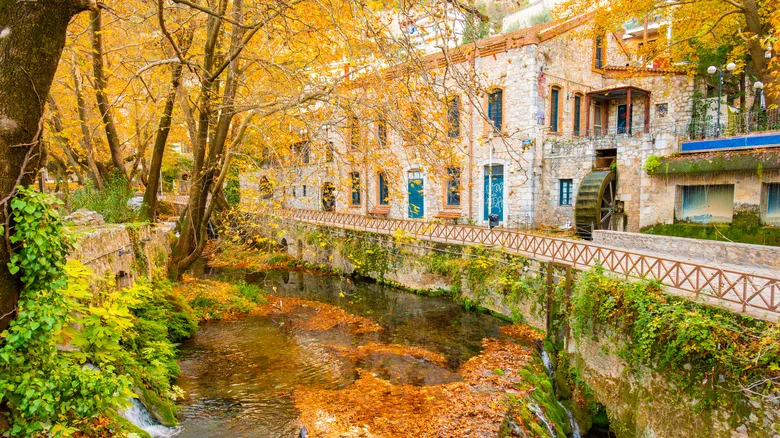 Beautiful landscape with autumn colors and river flowing in Livadeia, Viotia Greece.