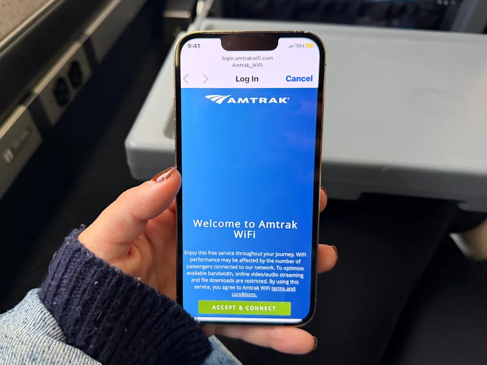 Amtrak's WiFi login on a phone.
