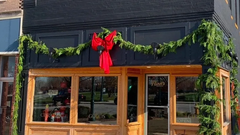 Storefront with Christmas bow and garland