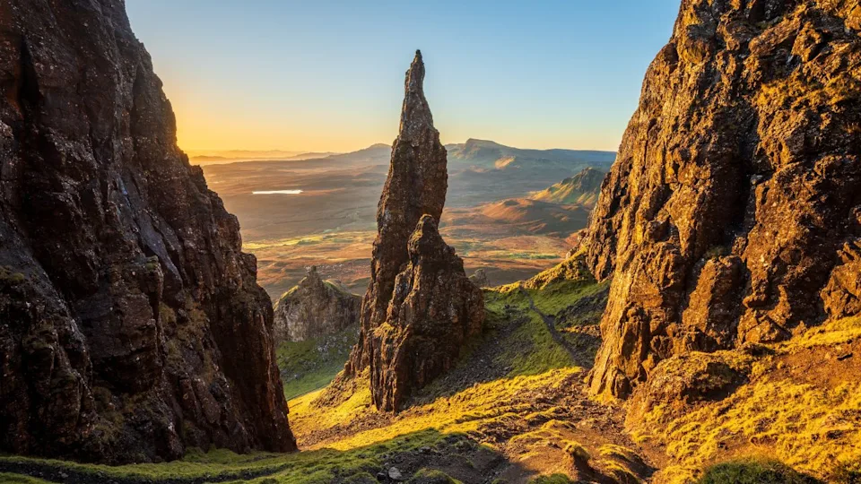 Golden sunrise from famous Needle viewpoint overlooking The Quiraing on The Isle of Skye, UK.