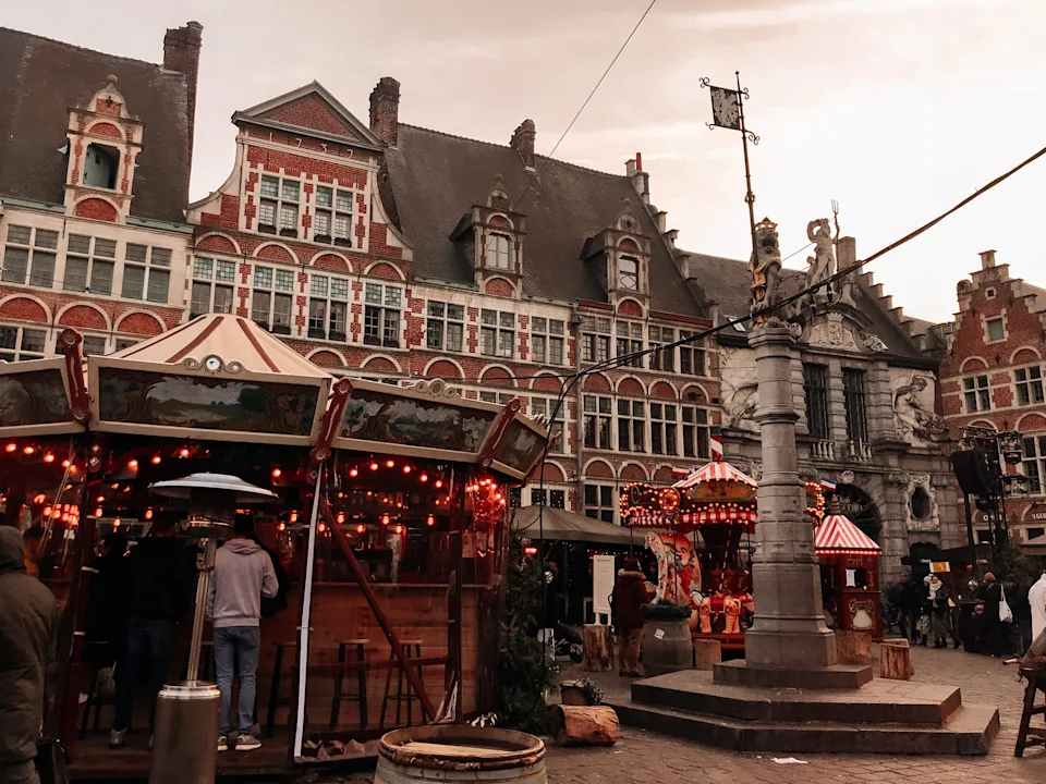 A wide shot of the Christmas market in Ghent, Belgium.