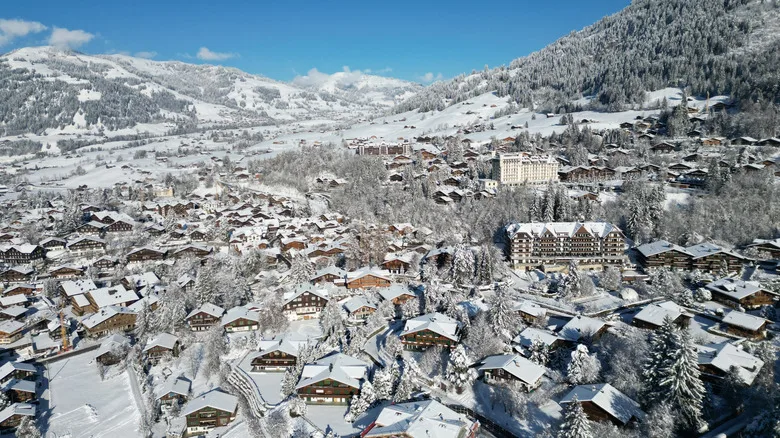 Aerial view of snow-covered Gstaad, Switzerland