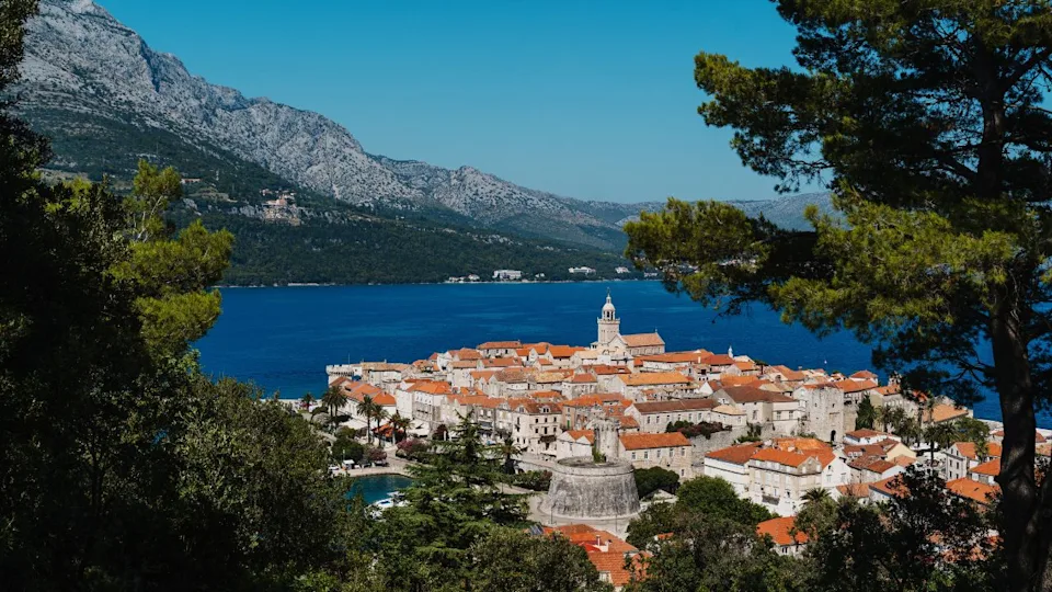 View of Korčula old town, Korčula island, Croatia in Adriatic Sea area. Croatia, Korcula Island, Korcula Town, Dalmatia Region.