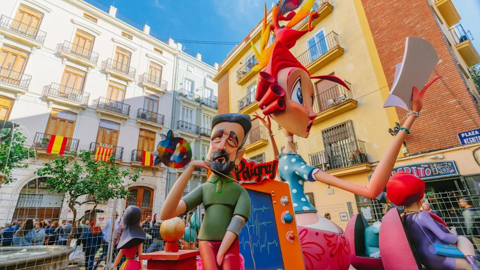Falla in city centre during national Festival of Fallas. Valencia, Spain, March 16, 2018