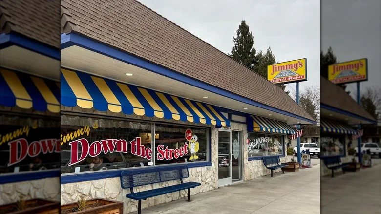 Exterior of Jimmy's Down the Street with its blue and yellow awning