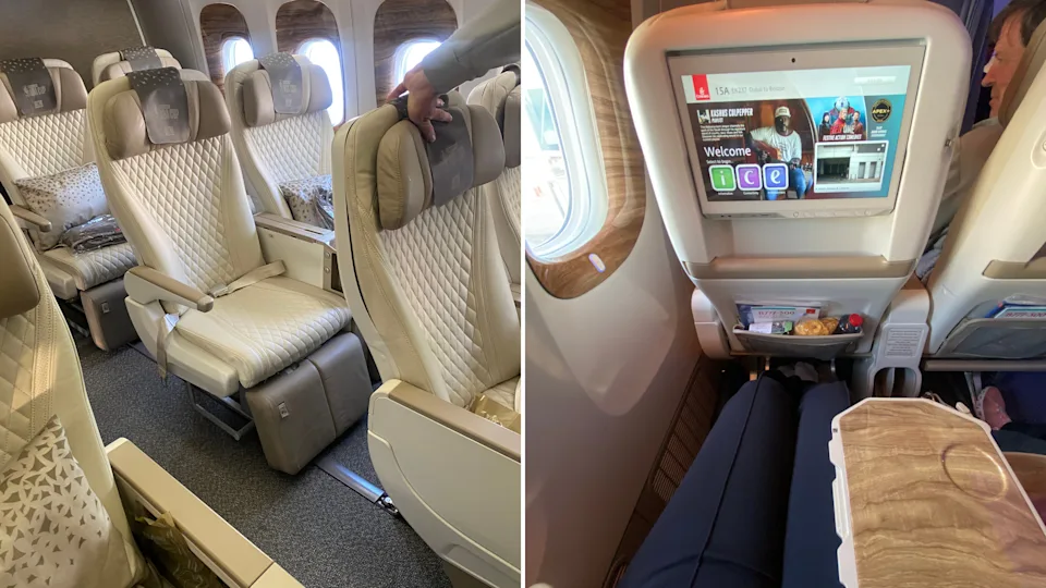 Collage showing the Emirates Premium Economy cabin with wide cream seats and another view of my legroom and wooden tray table from my seat.