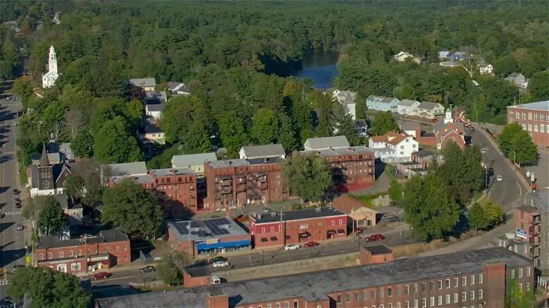 Arial view of Ware, MA with brick buildings