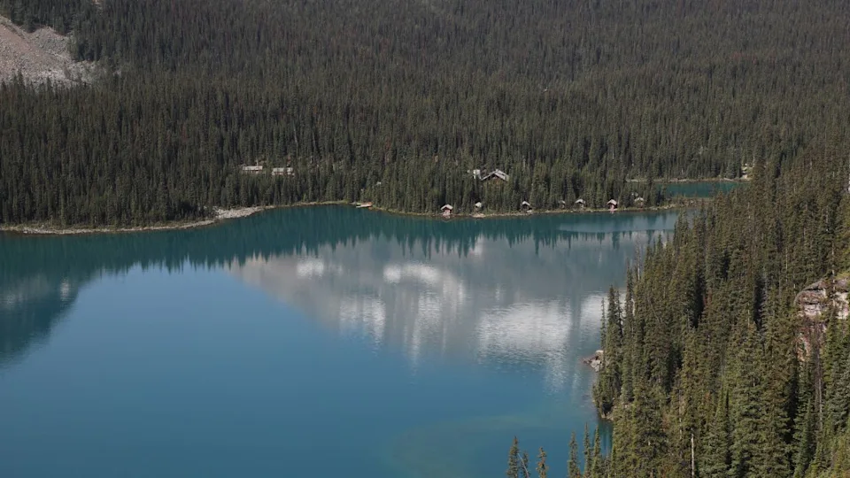 Cabins along the shore of Lake O'Hara, Yoho National Park, British Columbia, Canada