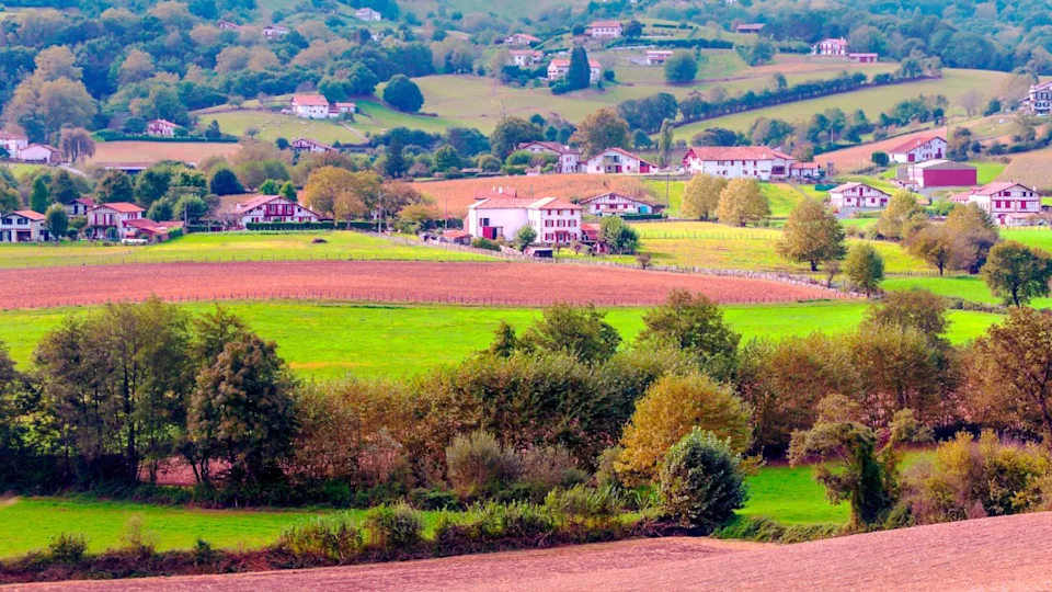 Rural village of Ainhoa in the south of France on a cloudy day.