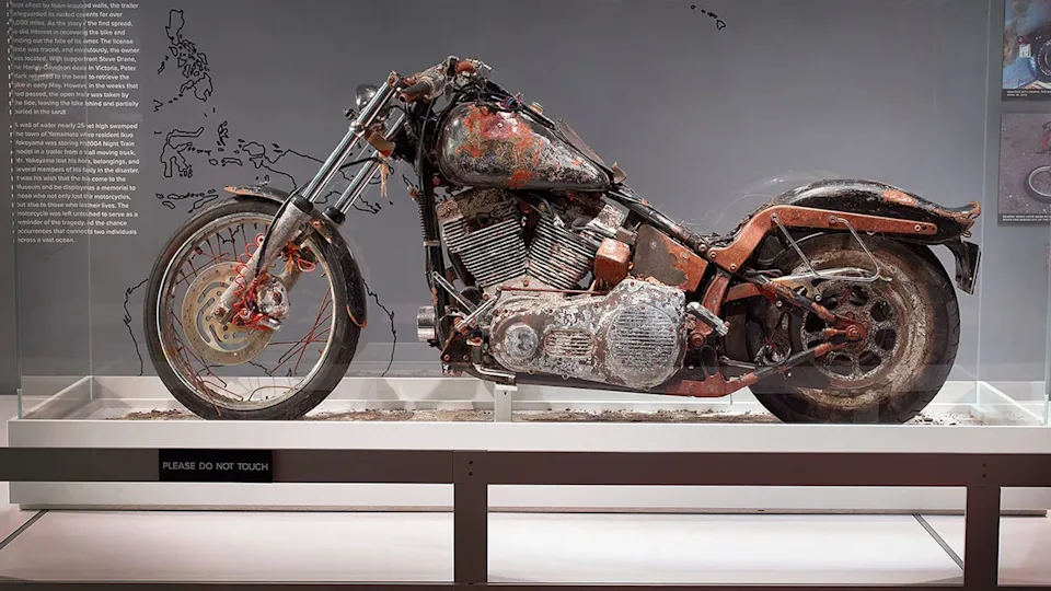 vintage motorcycle on display at the Harley Davidson Museum in Milwaukee, Wisconsin.