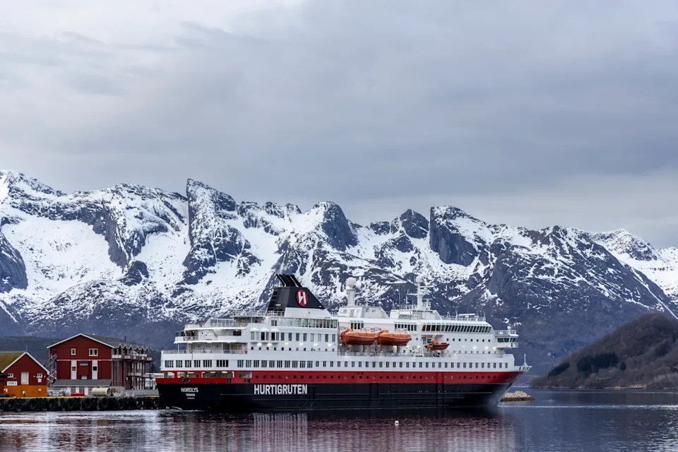 Ornes ,Helgeland, Norway : May 01, 2024 - Hurtigruten cruise ship
