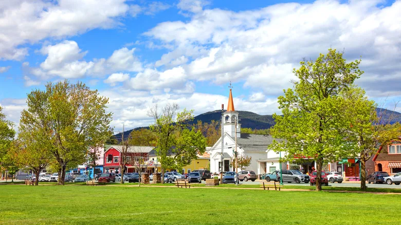 Church and shops on Main Street in North Conway, New Hampshire