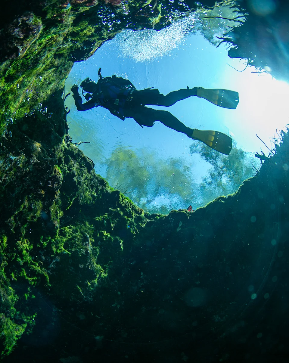 Taylor Schott hovers over the entrance to Blue Hole, also known as Jug Hole, at Ichetucknee Springs State Park on Oct. 22 in Fort White.