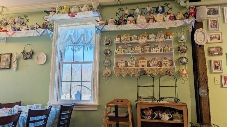 Inside the Dragonfly Tea Room where tea pots decorate the walls