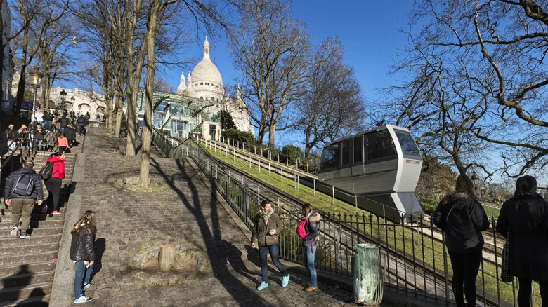 Stairs and funicular to Sacre Coeur in Paris, France