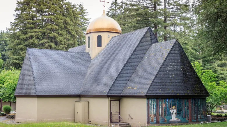 Church exterior with gabled roof in Ben Lomond, California