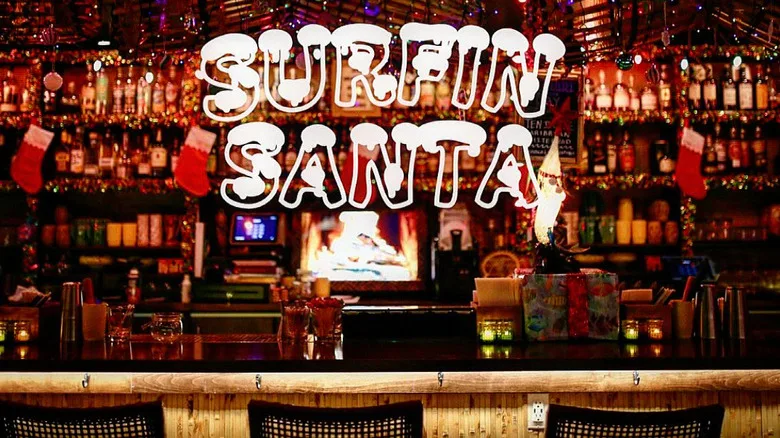 View of Surfin' Santa neon sign at Mary's Bar.