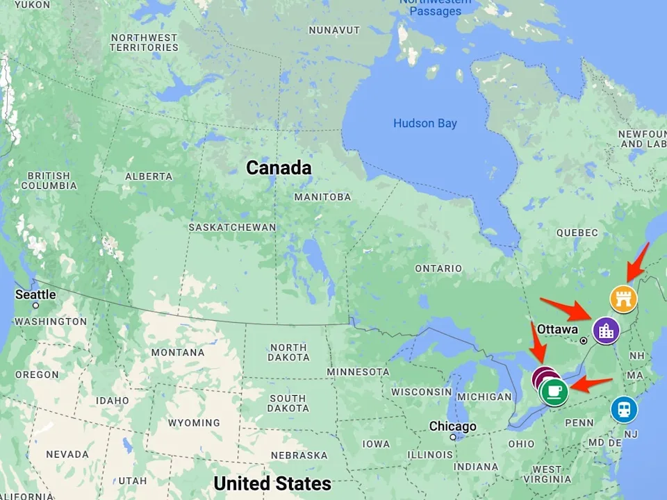 A map of Canada with arrows pointing to where the author went