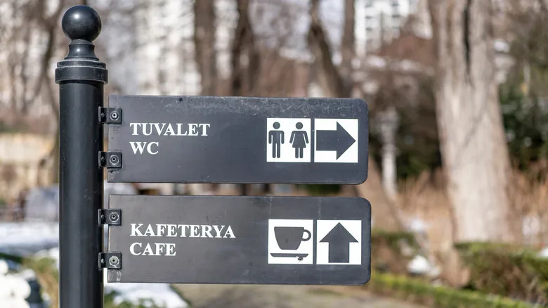 Signs for bathroom and cafeteria, Istanbul, Turkey