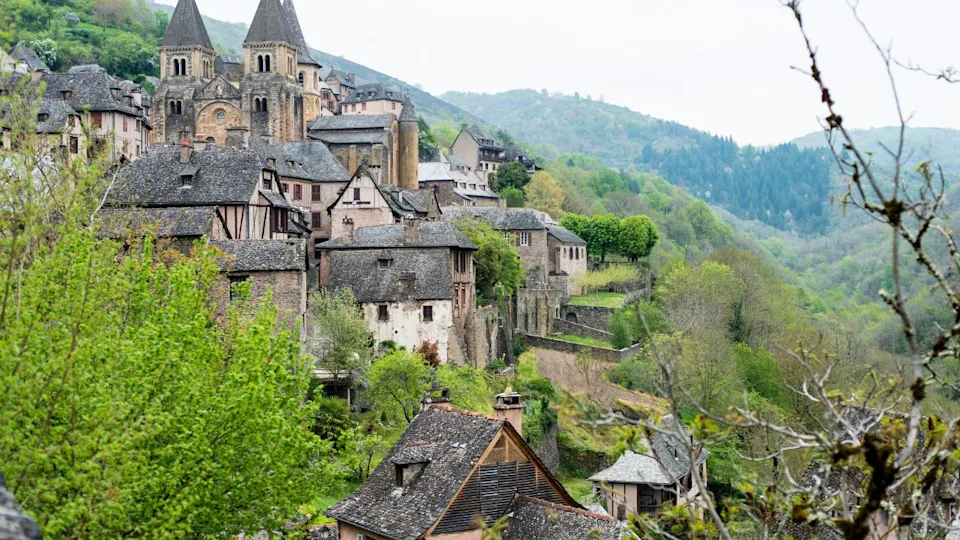 View of the village of Conques located in the department of Aveyron, of the Occitan region in France.