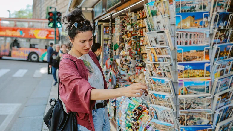 Woman shopping at a tourist shop in Verona, looking at souvenirs and postcards