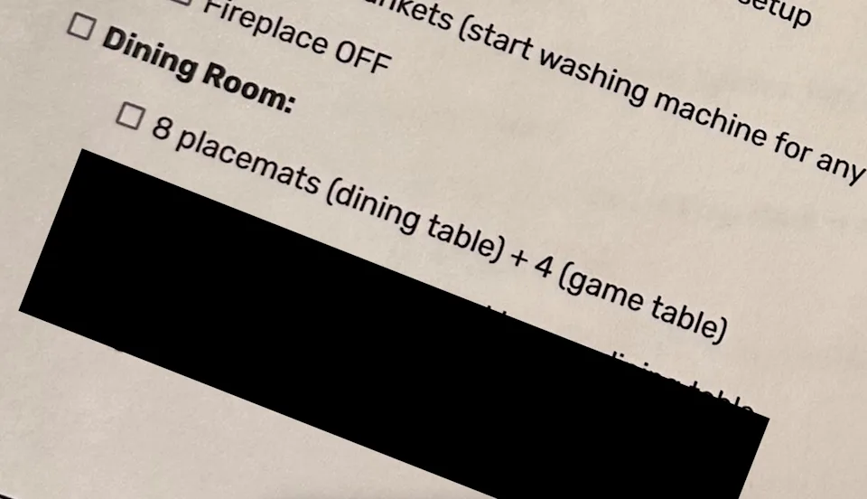 Checklist for dining room: 8 placemats, tray with vase, round tray on dining table, return game pieces to original spots