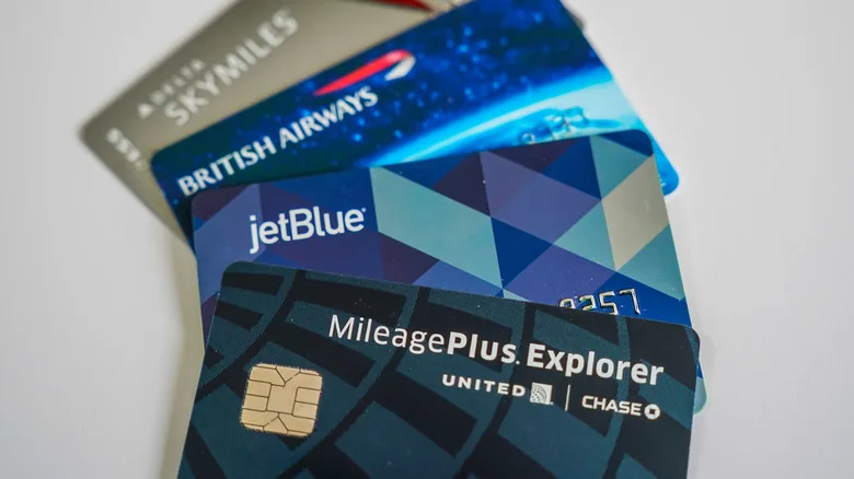 Airline credit cards in a stack