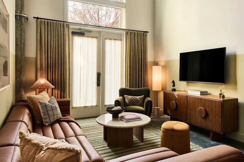 The living room in a two bedroom apartment at The Ann, Savannah