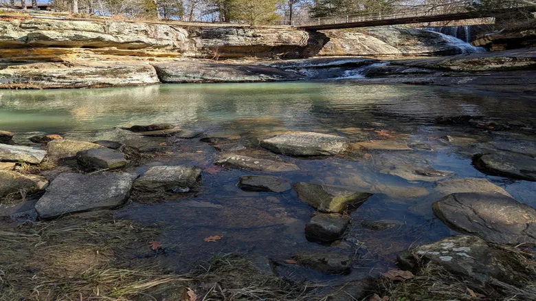 Dixon Springs State Park waterfall and bridge, Illinois
