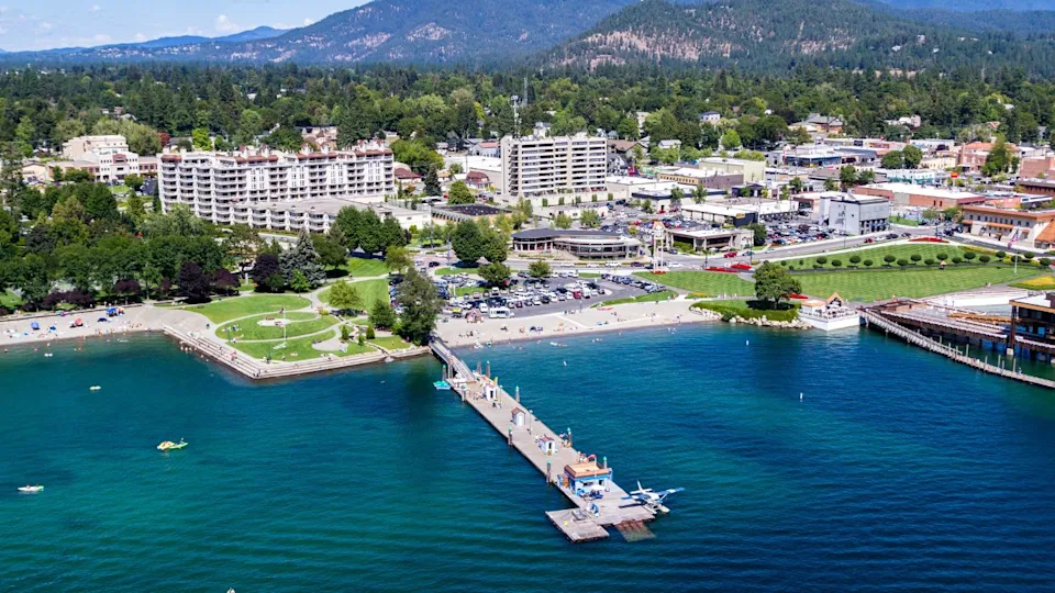 Coeur d' Alene, Idaho - August 12: Aerial view of the beach with families enjoying the sunshine and lake. August 12 2016, Coeur d' Alene, Idaho.