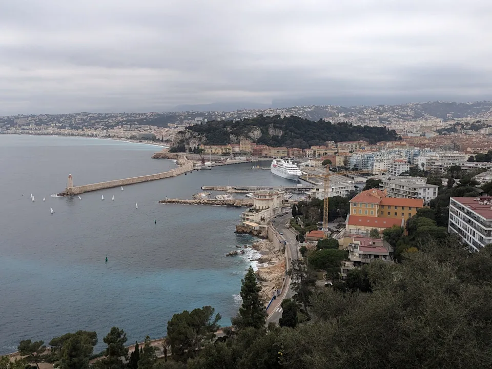 A wide shot of a port in Nice, France.