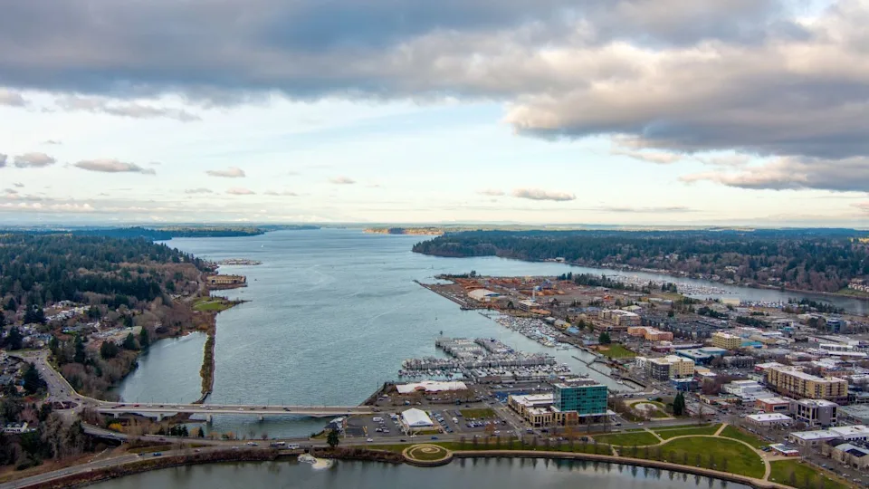 Aerial view of the Olympia, Washington waterfront